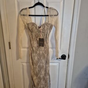 House of CB Saisha ivory lace long sleeve midi dress